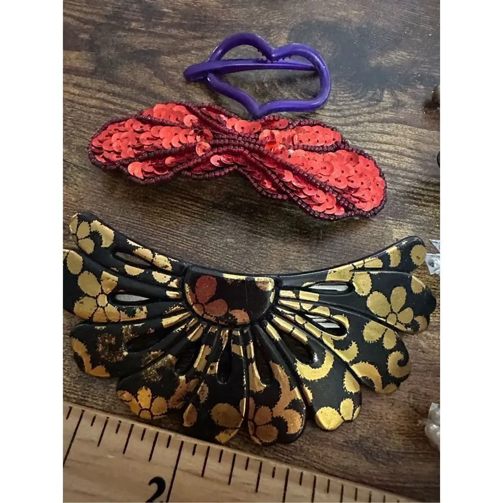 Vintage Hair Clip and Barrettes Lot 7 Silvertone Black Sequins Faux Pearl Retro